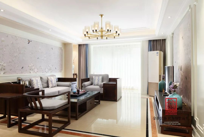 冀興尊園150㎡新中式風(fēng)格裝修客廳設(shè)計實景案例